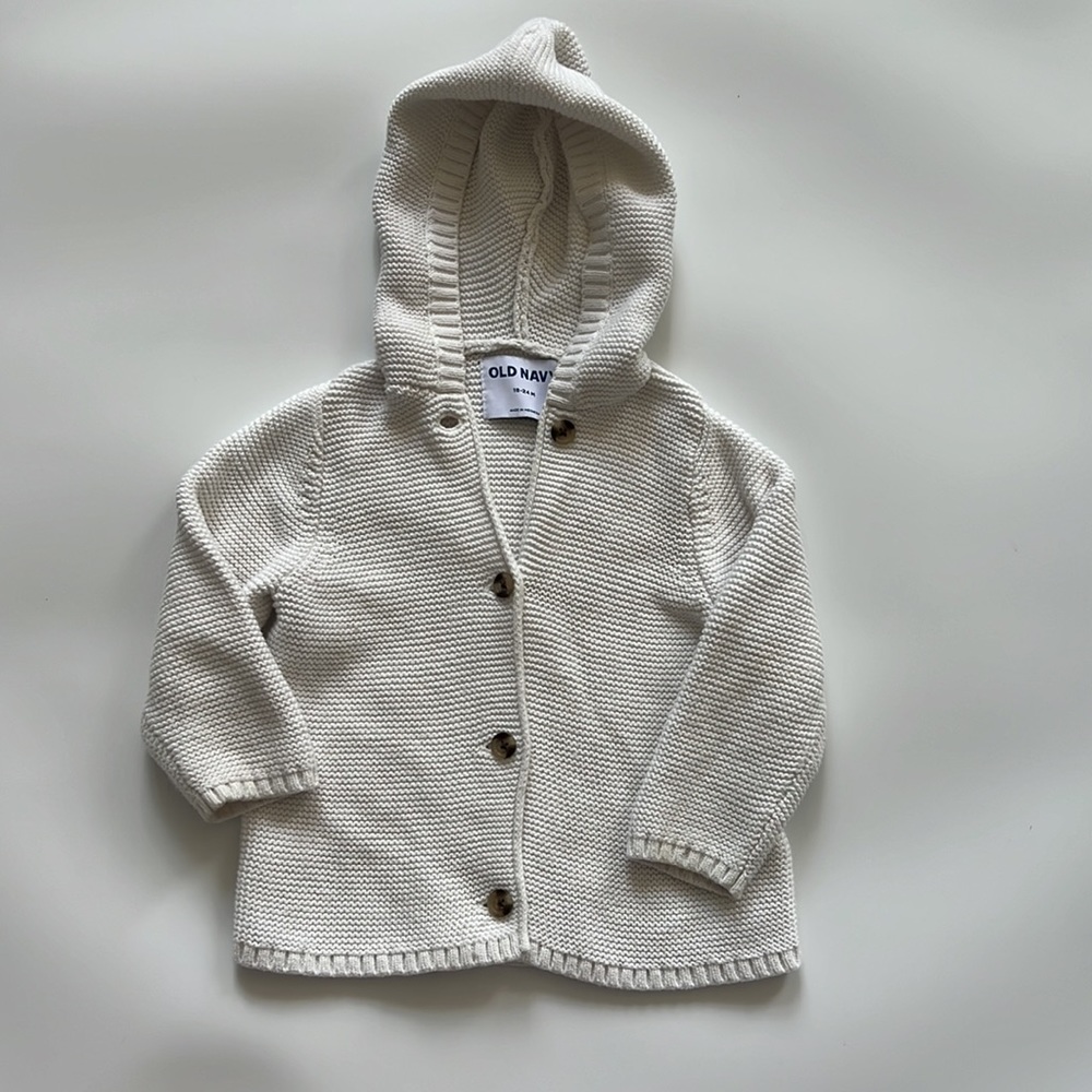 Toddler Old Navy White Cardigan Knit Hooded, 100% Cotton Long Sleeves